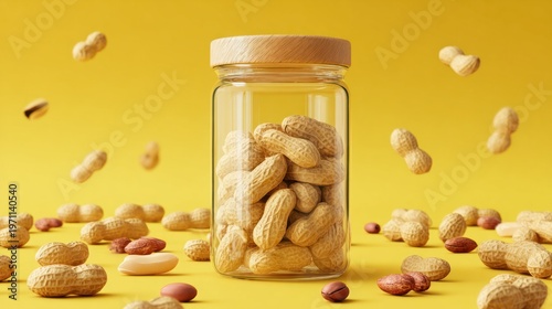 Wallpaper Mural Glass jar with shiny aluminum lid filled with raw cashew nuts and scattered nuts on yellow background reflecting freshness and natural texture Torontodigital.ca