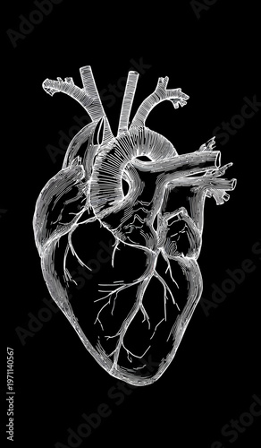 Detailed Anatomical Human Heart Sketch Line Art Illustration. Medical Biology Science Diagram on Black Background for Health and Education