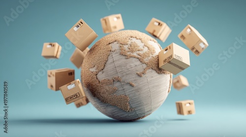 Wallpaper Mural Global earth model surrounded by floating cardboard boxes symbolizing international trade, logistics, and global commerce Torontodigital.ca