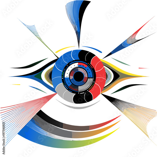 Vibrant abstract eye with colorful swirling patterns and lines on white background symbolizing creativity and vision