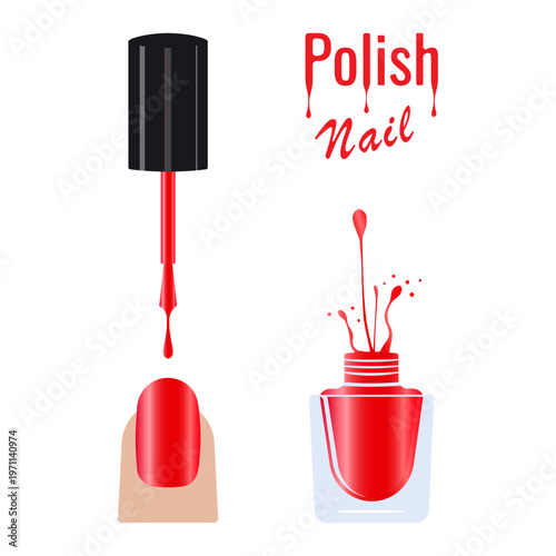 Vector illustration of a manicured nail next to a red nail polish with splashes