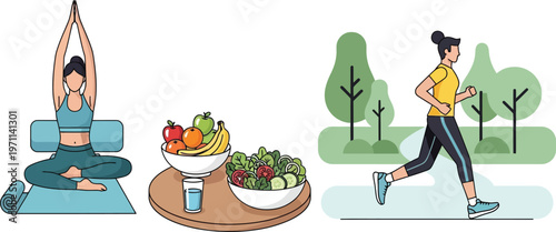 Woman practices yoga, a bowl of fruits and salad, and a person jogging.