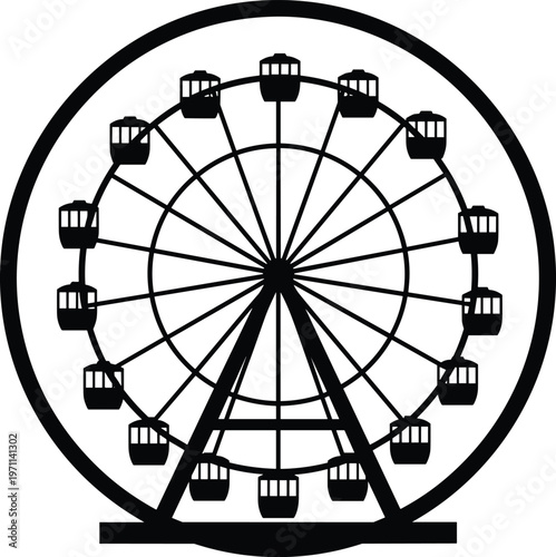 Black and white ferris wheel icon vector illustration isolated on white background for carnival theme, amusement park, and funfair designs.