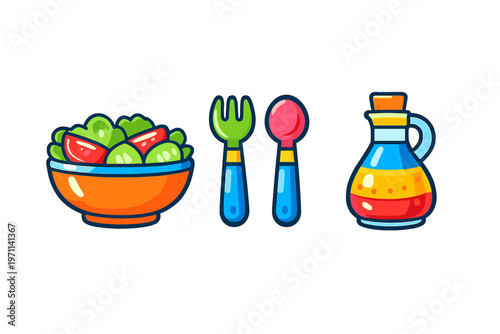 Colorful Salad, Fork, Spoon, and Dressing Bottle Icons