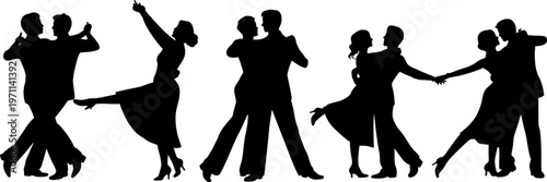Silhouette Couples Dancing Together in Various Ballroom Styles