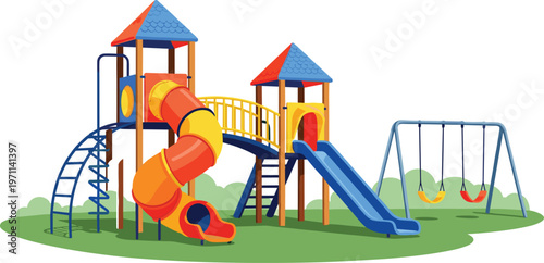 Colorful playground equipment illustration, kids park playset, slides swings jungle gym outdoor recreation fun childhood activity vector design modern cartoon