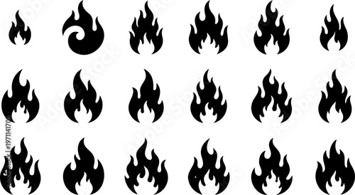 A vector set of fire flames and burning orange icons featuring hot red flammable danger signs and campfire heat elements for caution warning art design