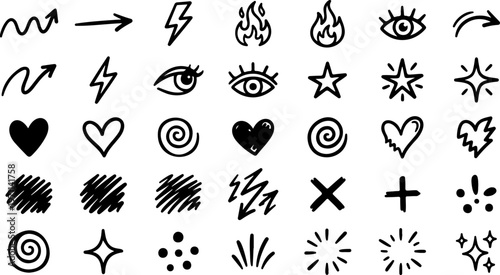 Hand drawn alphabet vector set featuring black zodiac symbols and heart icons in a hand drawn font collection for astrology design illustration