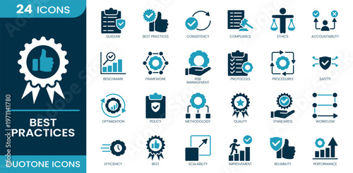 Best practices icon set. Guideline system, best practices, consistency model, regulatory compliance, ethical standards, accountability process, benchmarking analysis, Duotone vector icons collection.