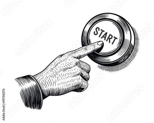 Engraved Hand Press Button Illustration – Black and White Action Symbol Artwork