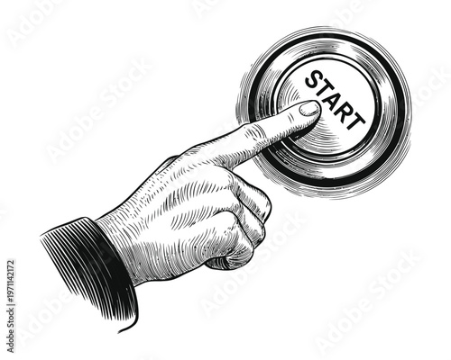 Hand Pressing Start Button Engraved Illustration – Vintage Action Concept Design
