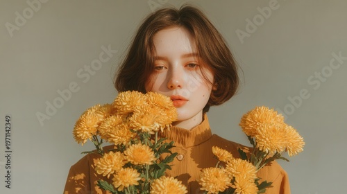 girl smiling with flowers, joyful and bright composition, natural and cheerful mood