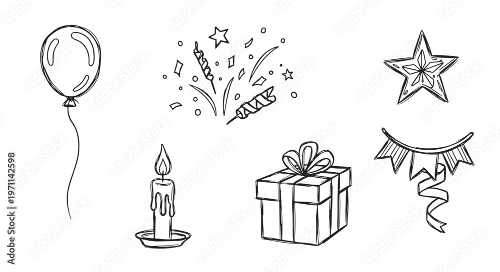 Fototapeta premium Celebration party elements hand drawn line art. Includes balloon gift box candle confetti star and bunting decoration.
