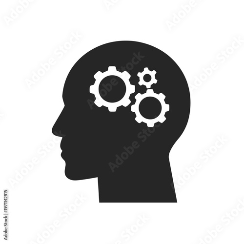 Human head silhouette with internal gears symbolizing thought process, logical thinking, innovation, problem-solving, and mind mechanics.