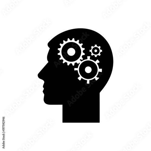 Abstract human head silhouette with gears inside, representing thought process, intelligence, problem-solving, and mental activity.