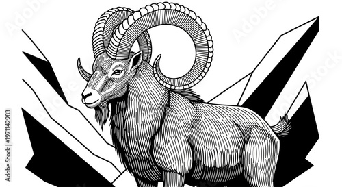 Illustration of a majestic Ibex standing on a rocky mountain peak, rendered in a detailed black and white sketch style