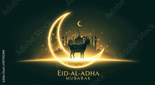 Radiant golden crescent moon and sacrificial animal silhouette illuminate a mosque, symbolizing a solemn spiritual festival of devotion and peace