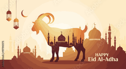 Celebrate the joyous occasion of Eid Al-Adha with this vibrant illustration featuring a majestic goat silhouette filled with mosque designs and a cityscape under a crescent moon