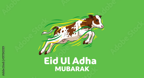Dynamic illustration of a joyful calf celebrating the Islamic Festival of Sacrifice, perfect for festive greetings and holiday designs