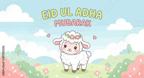 Eid Ul Adha Mubarak Greeting Card with a Cute Sheep Illustration and Floral Decorations