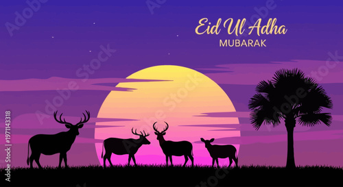 Eid Ul Adha Mubarak with silhouette of deer and trees against a vibrant purple sunset