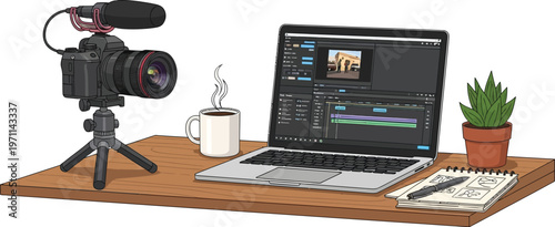 Videographer's desk features camera, laptop, and editing software for.