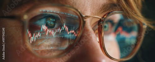 Wallpaper Mural A woman's face wearing stylish eyeglasses reflecting a dynamic stock market graph with colorful lines and data points Torontodigital.ca
