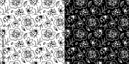 Seamless pattern with ladybug and flowers. Cute beetles and blossoms. Spring surface background.	