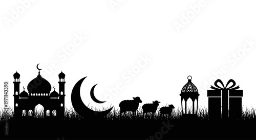 Silhouette of mosque, moon, sheep, lantern and gift box on grass, Eid al-Adha celebration concept