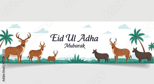 Eid Ul Adha Mubarak Banner with Deer and Palm Trees - A Festive Celebration