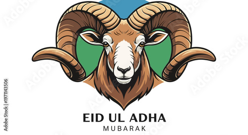 Eid Al Adha Mubarak Illustration - A Stylized Ram Head with Green Accents and Text