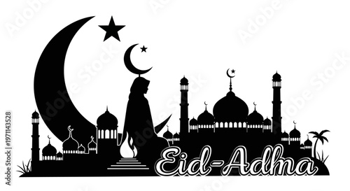Elegant black silhouette design celebrating Eid al-Adha, featuring an iconic mosque, prominent crescent moon, guiding star, and a spiritual figure, perfect for festive greetings and decorations