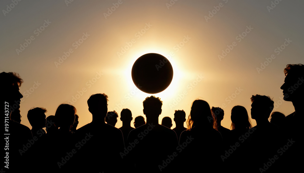 Naklejka premium A group of silhouetted men and women stand watching an eclipse. The eclipse creates a dramatic scene with the sun glowing behind them.