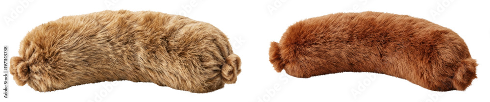 Fototapeta premium Two Surreal Sausages Covered Brown long soft fluffy faux fur texture isolated on white or transparent background. PNG die-cut for advertising
