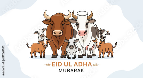 Illustration of a Family of Cows and Calves Celebrating Eid Ul Adha
