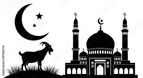 Ramadan Kareem Eid al-Adha Islamic Mosque and Goat Silhouette Illustration for Festival Celebration