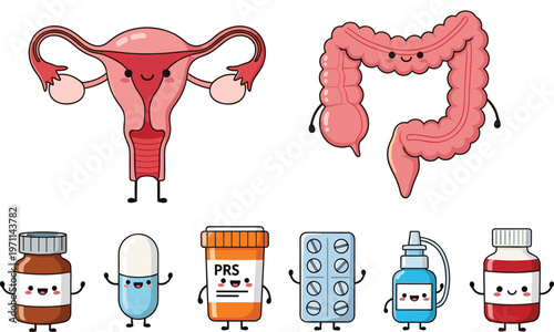 Human Digestive and Reproductive Organs with Medical Medicines Cute Cartoon Healthcare Anatomy Flat Vector Illustration Set