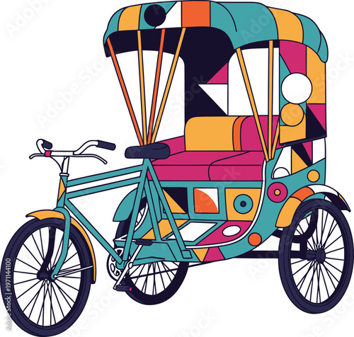 Traditional Bangladeshi Rickshaw Illustration with Colorful Geometric Pattern Design