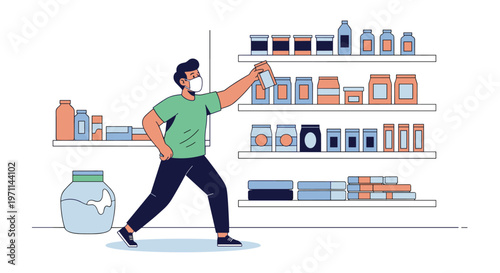Man wearing a medical face mask reaches for a product on a high supermarket shelf during a grocery shopping trip.