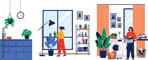 Modern Home Interior Scenes with Woman Caring Plants and Doing Laundry in Cozy Apartment Flat Vector Illustration Set