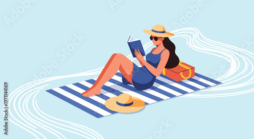 Woman in a blue swimsuit and sun hat relaxes on a striped beach towel while reading a book near the ocean waves.