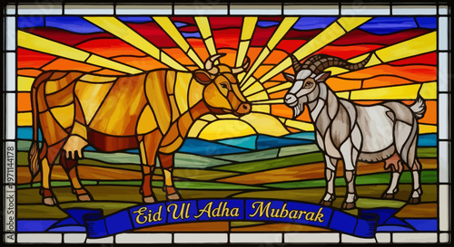 Vibrant stained glass art celebrating Eid al-Adha with a cow and goat against a colorful sunrise