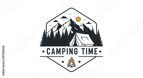Circular logo for camping features a tent nestled among pine trees with a mountain range and sun in the distance.