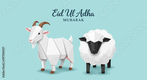 Modern polygonal illustrations of a goat and sheep, representing the spirit of a significant religious celebration and the tradition of sacrifice in a festive context