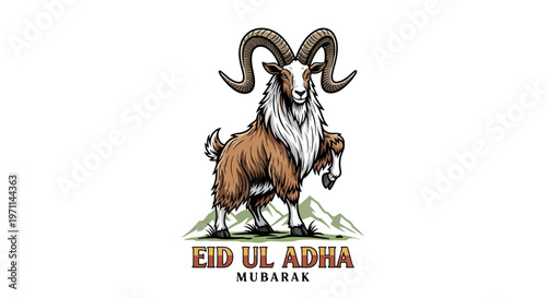 Detailed illustration of a majestic ram with impressive horns, symbolizing the spiritual essence and joyful traditions of the annual festival of sacrifice