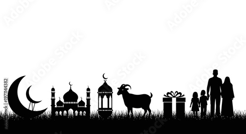 Celebrating Eid al-Adha A silhouette scene featuring a mosque, crescent moon, lantern, family, and goat, representing Islamic traditions and festivities