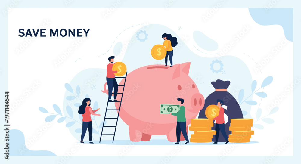 Fototapeta premium Team of small people works together to put coins and cash into a large pink piggy bank for savings and investment.