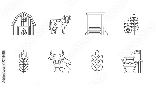 Farm icons barn cow gate wheat dairy products and agricultural elements
