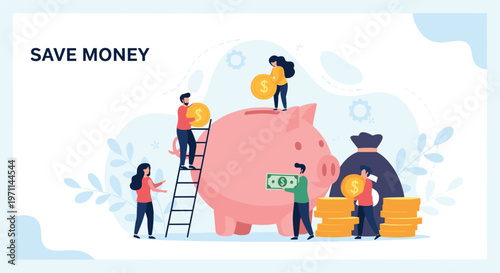 Team of small people works together to put coins and cash into a large pink piggy bank for savings and investment.