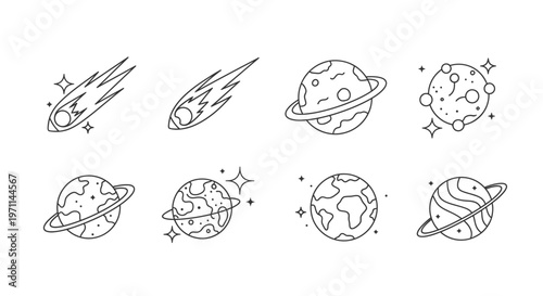 Cosmic illustration set outlined planets and celestial objects in space